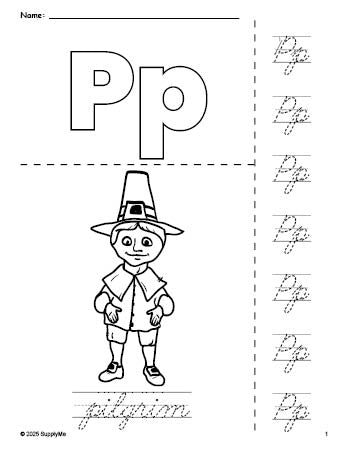 Free printable pilgrim Thanksgiving coloring page and cursive letter tracing worksheet, letter p worksheet for preschool, pre-k, and kindergarten, PDF