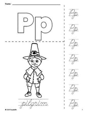 Free printable pilgrim Thanksgiving coloring page and cursive letter tracing worksheet, letter p worksheet for preschool, pre-k, and kindergarten, PDF