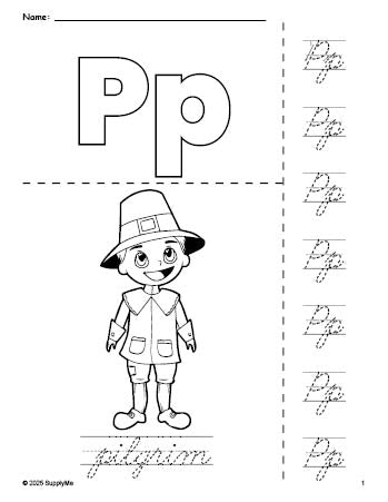 Free printable pilgrim Thanksgiving coloring page and cursive letter tracing worksheet, letter p worksheet for preschool, pre-k, and kindergarten, PDF