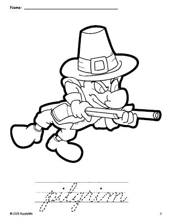 Free printable pilgrim Thanksgiving coloring page and cursive word tracing worksheet, perfect for preschool, pre-k, and kindergarten, PDF