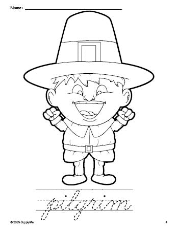 Free printable pilgrim Thanksgiving coloring page and cursive word tracing worksheet, perfect for preschool, pre-k, and kindergarten, PDF