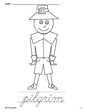 Free printable pilgrim Thanksgiving coloring page and cursive word tracing worksheet, perfect for preschool, pre-k, and kindergarten, PDF