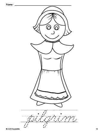 Free printable pilgrim Thanksgiving coloring page and cursive word tracing worksheet, perfect for preschool, pre-k, and kindergarten, PDF