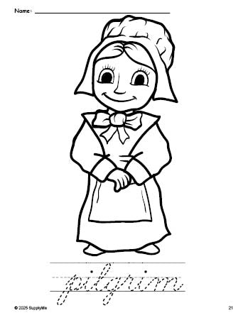 Free printable pilgrim Thanksgiving coloring page and cursive word tracing worksheet, perfect for preschool, pre-k, and kindergarten, PDF