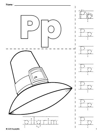 Free printable pilgrim Thanksgiving coloring page and letter tracing worksheet, letter p worksheet for preschool, pre-k, and kindergarten, PDF