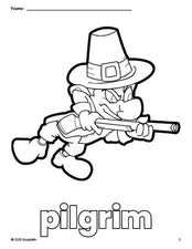 Free printable pilgrim Thanksgiving coloring page for preschool, pre-k, and kindergarten, PDF