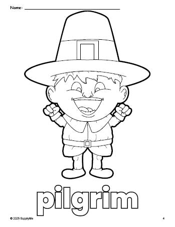 Free printable pilgrim Thanksgiving coloring page for preschool, pre-k, and kindergarten, PDF