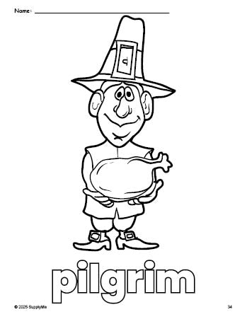 Free printable pilgrim Thanksgiving coloring page for preschool, pre-k, and kindergarten, PDF
