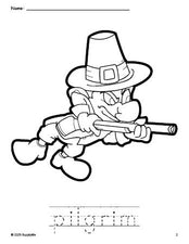 Free printable pilgrim Thanksgiving coloring page and word tracing worksheet, perfect for preschool, pre-k, and kindergarten, PDF