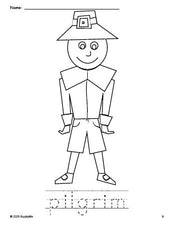 Free printable pilgrim Thanksgiving coloring page and word tracing worksheet, perfect for preschool, pre-k, and kindergarten, PDF