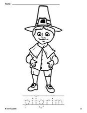 Free printable pilgrim Thanksgiving coloring page and word tracing worksheet, perfect for preschool, pre-k, and kindergarten, PDF