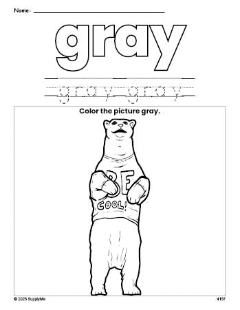 Free polar bear color gray coloring page and color worksheet, gray worksheet for preschoolers to learn colors, printable PDF