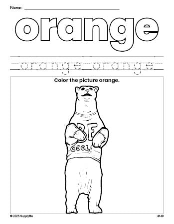 Free polar bear color orange coloring page and color worksheet, orange worksheet for preschoolers to learn colors, printable PDF