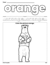 Free polar bear color orange coloring page and color worksheet, orange worksheet for preschoolers to learn colors, printable PDF