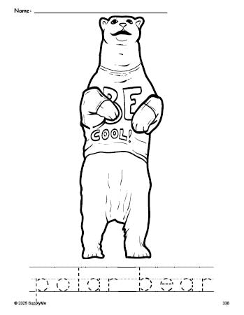 Free printable polar bear coloring page and word tracing worksheet, perfect for preschool, pre-k, and kindergarten, PDF