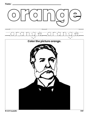 Free Presidents' Day Chester A Arthur color orange coloring page and color worksheet, orange worksheet for preschoolers to learn colors, printable PDF