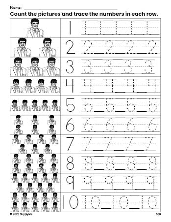 Free printable Presidents' Day Donald Trump counting worksheet for preschool and pre-k with number tracing practice 1-10, PDF