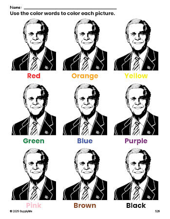 Free Presidents' Day George W Bush coloring page and color worksheet for preschoolers to learn colors, printable PDF