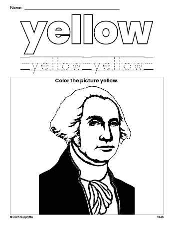 Free Presidents' Day George Washington color yellow coloring page and color worksheet, yellow worksheet for preschoolers to learn colors, printable PDF