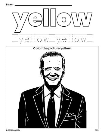 Free Presidents' Day Joe Biden color yellow coloring page and color worksheet, yellow worksheet for preschoolers to learn colors, printable PDF