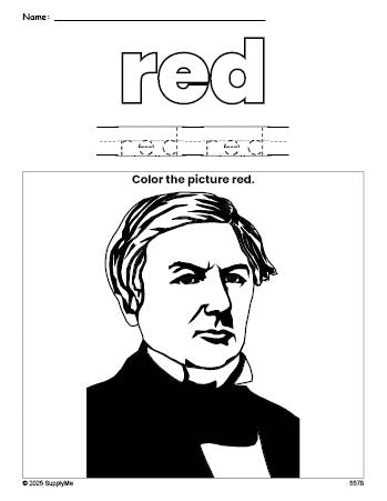 Free Presidents' Day Millard Fillmore color red coloring page and color worksheet, red worksheet for preschoolers to learn colors, printable PDF