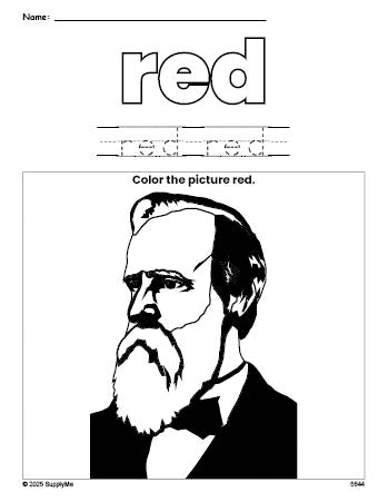 Free Presidents' Day Rutherford B Hayes color red coloring page and color worksheet, red worksheet for preschoolers to learn colors, printable PDF