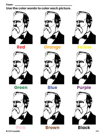Free Presidents' Day Rutherford B Hayes coloring page and color worksheet for preschoolers to learn colors, printable PDF