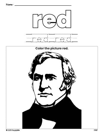 Free Presidents' Day Zachary Taylor color red coloring page and color worksheet, red worksheet for preschoolers to learn colors, printable PDF