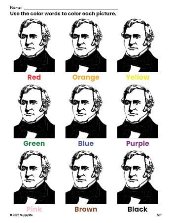 Free Presidents' Day Zachary Taylor coloring page and color worksheet for preschoolers to learn colors, printable PDF