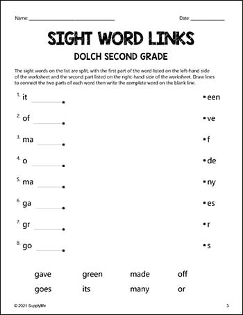 Second Grade Sight Words Worksheets - Word Links, All 46 Dolch 2nd Grade Sight Words