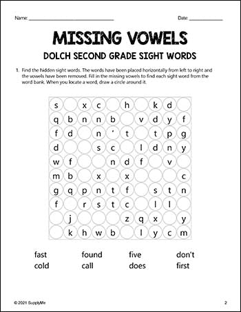 Second Grade Sight Words Worksheets - Missing Vowels, All 46 Dolch 2nd Grade Sight Words
