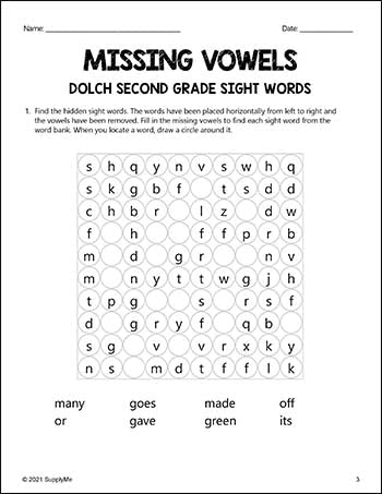 Second Grade Sight Words Worksheets - Missing Vowels, All 46 Dolch 2nd Grade Sight Words