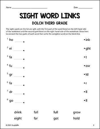 Third Grade Sight Words Worksheets - Word Links, All 41 Dolch 3rd Grade Sight Words