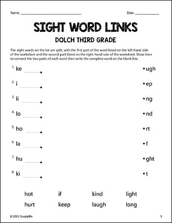 Third Grade Sight Words Worksheets - Word Links, All 41 Dolch 3rd Grade Sight Words