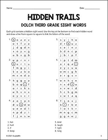 Third Grade Sight Words Worksheets - Hidden Trails, 2 Variations, All 41 Dolch 3rd Grade Sight Words
