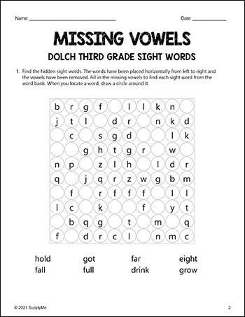 Third Grade Sight Words Worksheets - Missing Vowels, All 41 Dolch 3rd Grade Sight Words