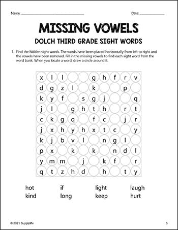 Third Grade Sight Words Worksheets - Missing Vowels, All 41 Dolch 3rd Grade Sight Words
