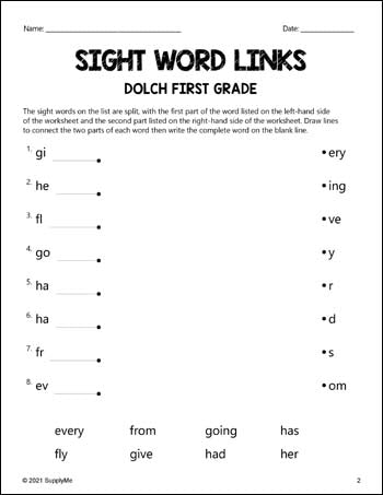 First Grade Sight Words Worksheets - Word Links, All 41 Dolch 1st Grade Sight Words