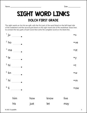 First Grade Sight Words Worksheets - Word Links, All 41 Dolch 1st Grade Sight Words