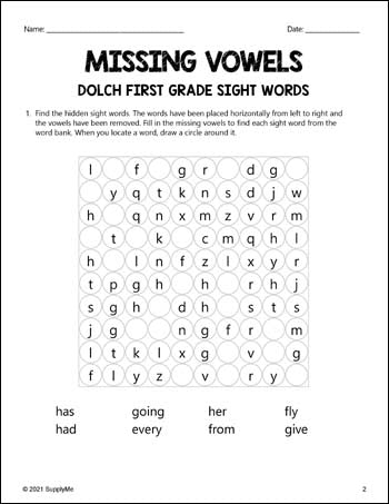 First Grade Sight Words Worksheets - Missing Vowels, All 41 Dolch 1st Grade Sight Words