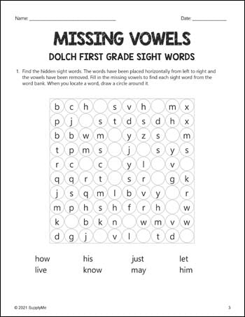 First Grade Sight Words Worksheets - Missing Vowels, All 41 Dolch 1st Grade Sight Words