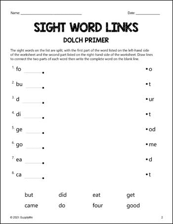 Kindergarten Sight Words Worksheets - Word Links, All 52 Dolch Primer Sight Words