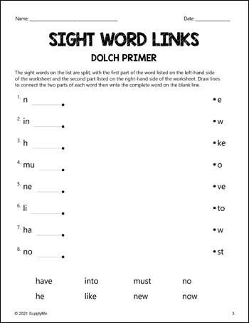 Kindergarten Sight Words Worksheets - Word Links, All 52 Dolch Primer Sight Words