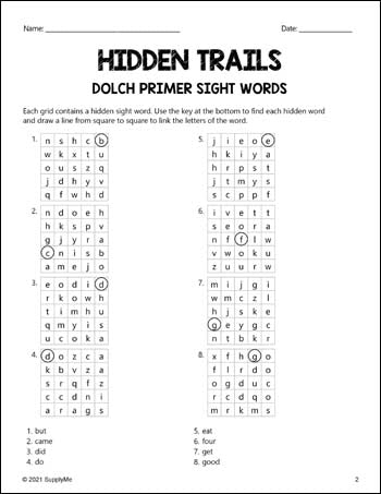 Kindergarten Sight Words Worksheets - Hidden Trails, 2 Variations, All 52 Dolch Primer Sight Words