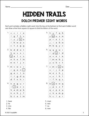 Kindergarten Sight Words Worksheets - Hidden Trails, 2 Variations, All 52 Dolch Primer Sight Words