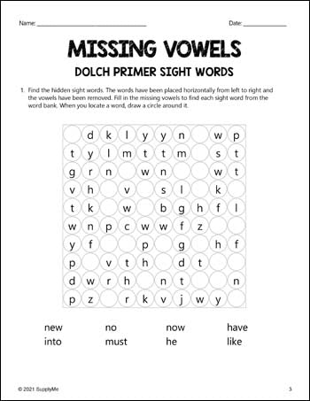 Kindergarten Sight Words Worksheets - Missing Vowels, All 52 Dolch Primer Sight Words