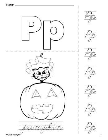 Free printable pumpkin Halloween coloring page and cursive letter tracing worksheet, letter p worksheet for preschool, pre-k, and kindergarten, PDF