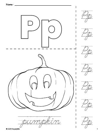Free printable pumpkin Halloween coloring page and cursive letter tracing worksheet, letter p worksheet for preschool, pre-k, and kindergarten, PDF