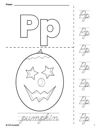 Free printable pumpkin Halloween coloring page and cursive letter tracing worksheet, letter p worksheet for preschool, pre-k, and kindergarten, PDF