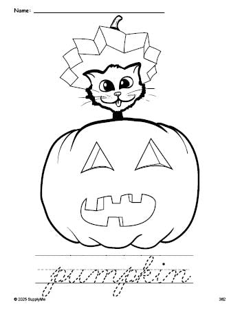Free printable pumpkin Halloween coloring page and cursive word tracing worksheet, perfect for preschool, pre-k, and kindergarten, PDF